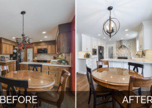 Before and after, a cozy Naperville kitchen with white quartz countertops, stove focal point tile - Sebring Design Build