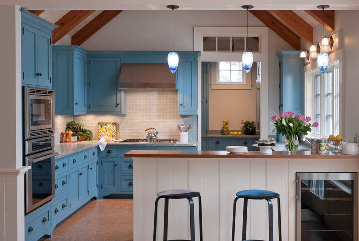 kitchen with blue wall