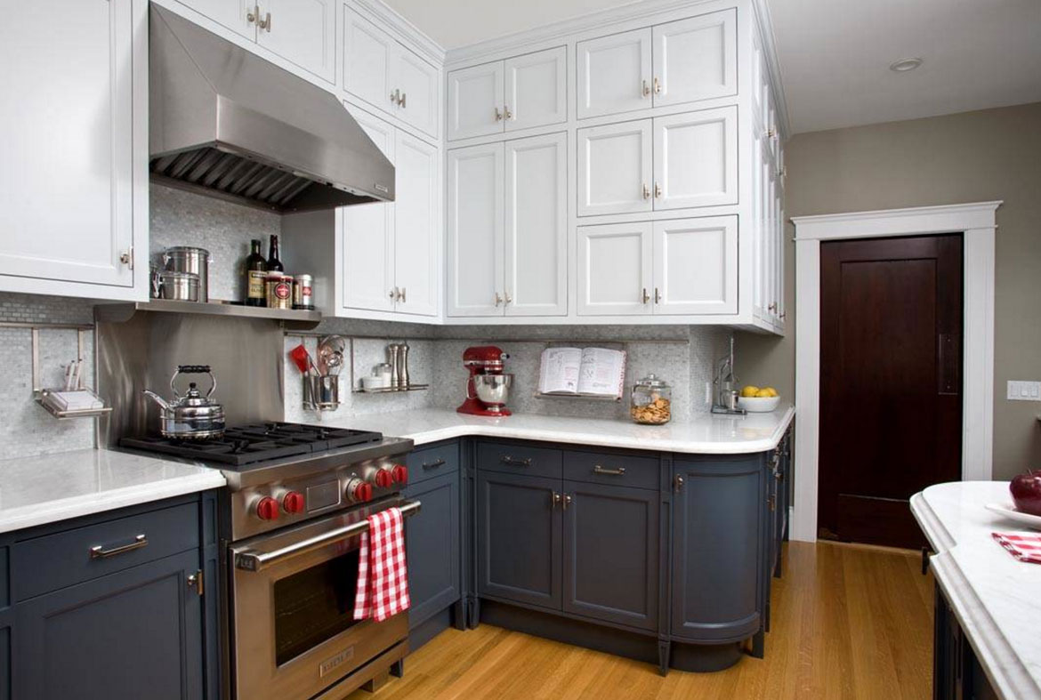 painted kitchen cabinet with blue wall