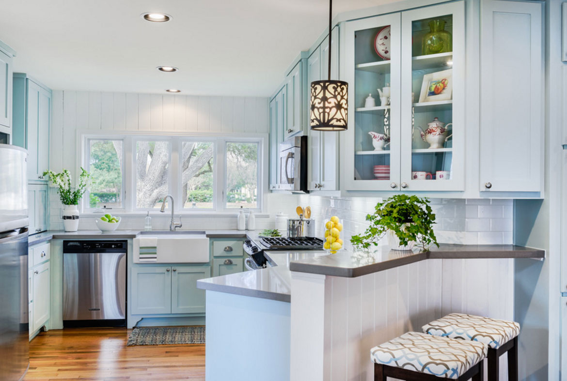 blue kitchen and living room