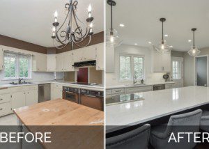 Before and After Open Floor Plan Kitchen, Living Room, White Cabinets - Sebring Design Build
