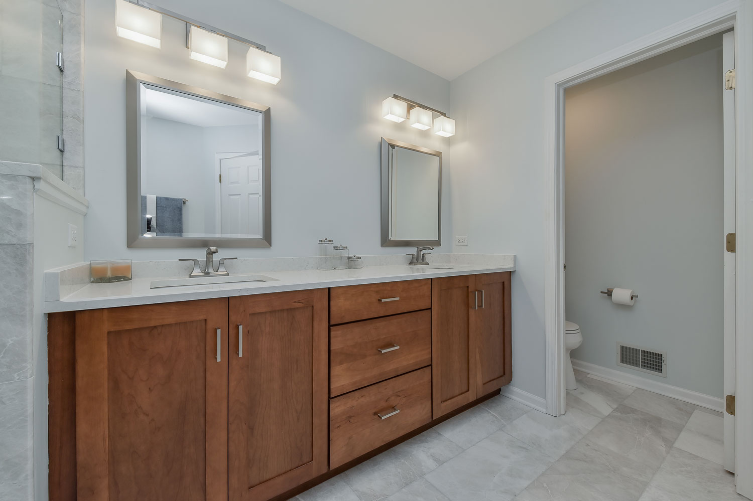 Lisle Master Bathroom Remodel, Quartz, Grey Subway Tile, Walk-in Shower - Sebring Design Build