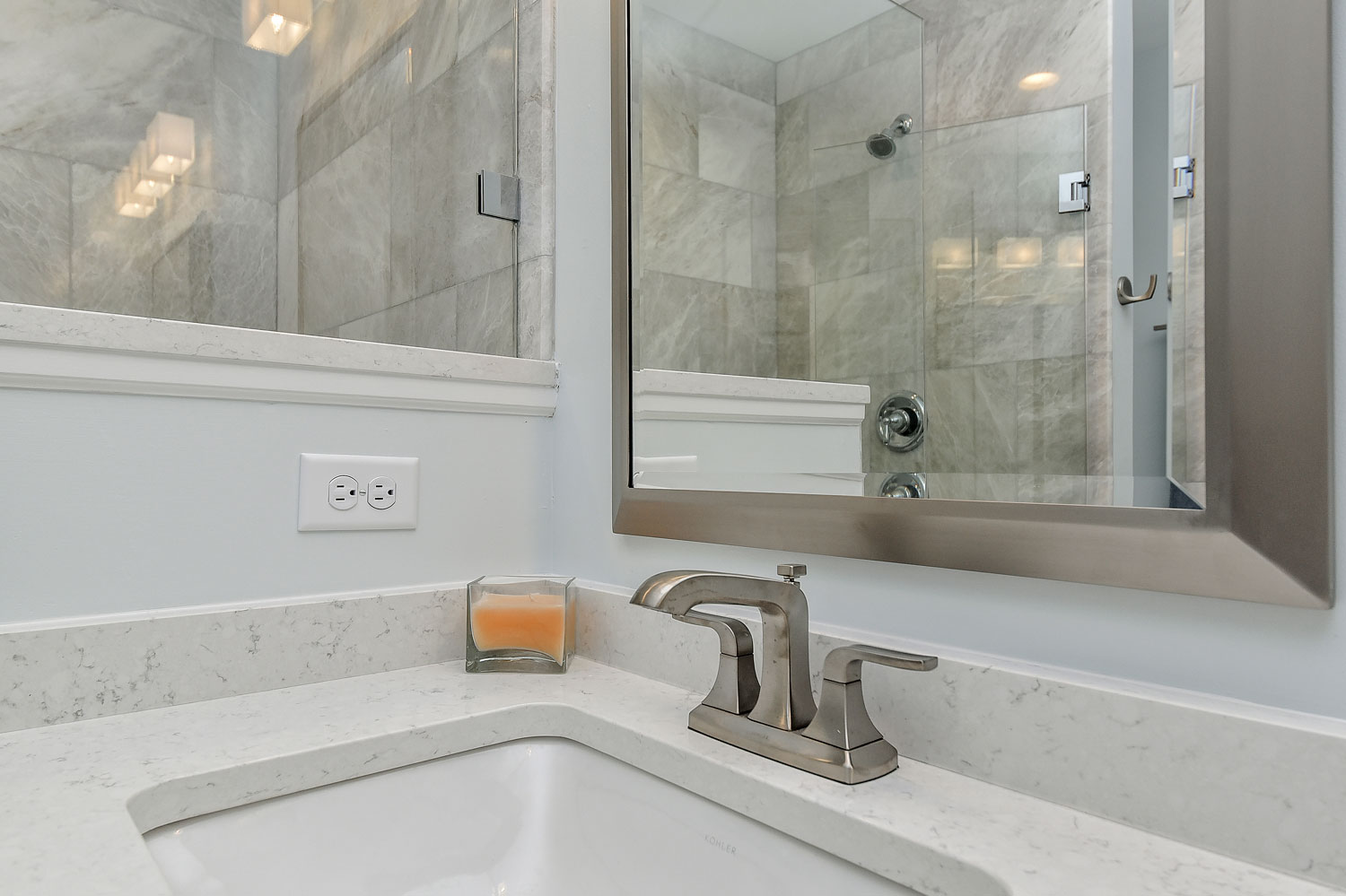Lisle Master Bathroom Remodel, Quartz, Grey Subway Tile, Walk-in Shower - Sebring Design Build