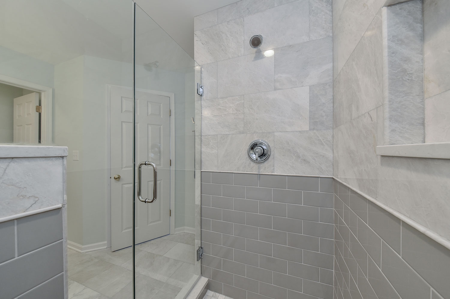 Lisle Master Bathroom Grey Subway Tile Marble Walk In Shower 7_Sebring Design Build