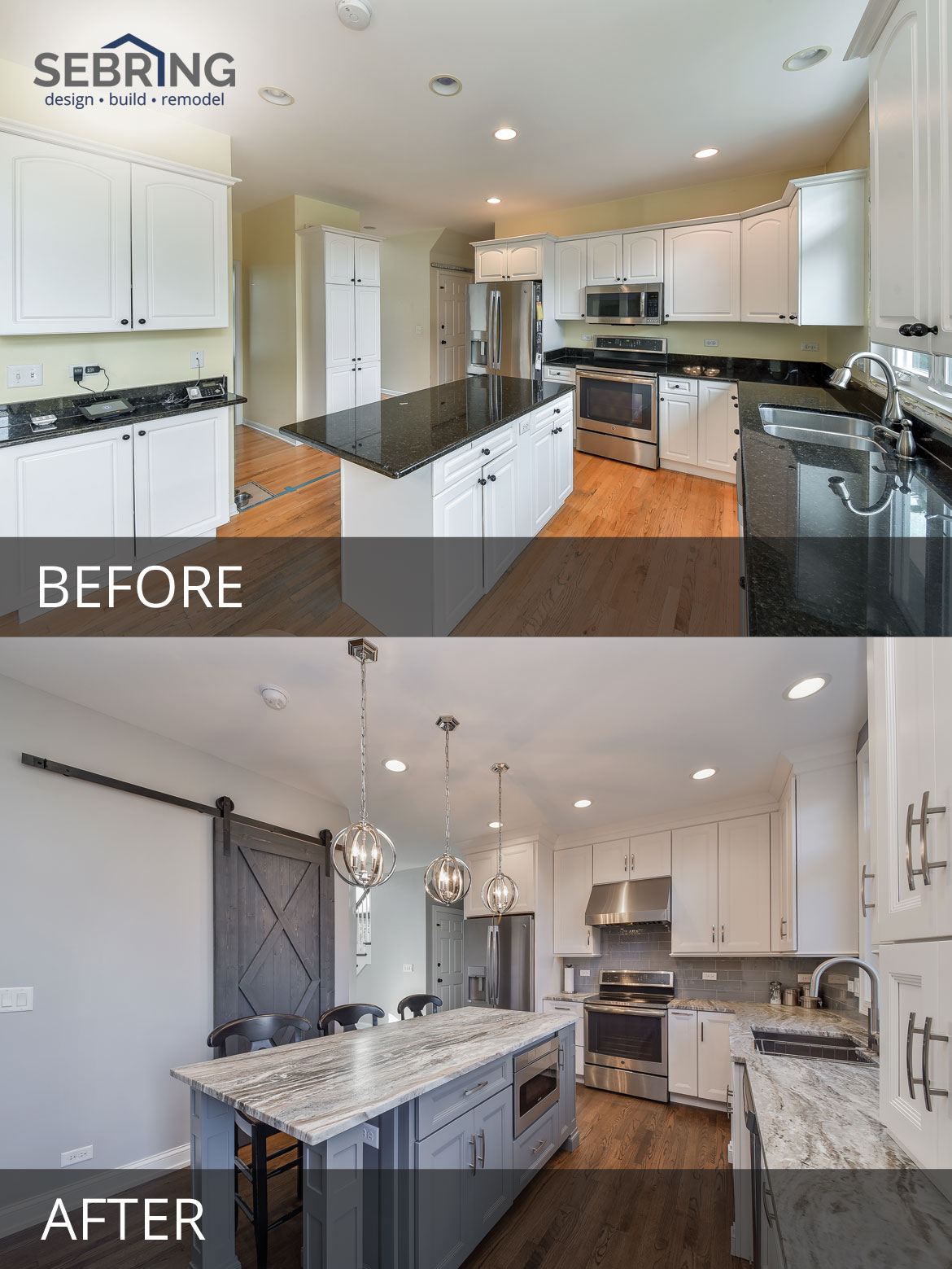 's Naperville Kitchen Remodel Pictures, Featuring White Quartz Countertops Before and After - Sebring Design Build