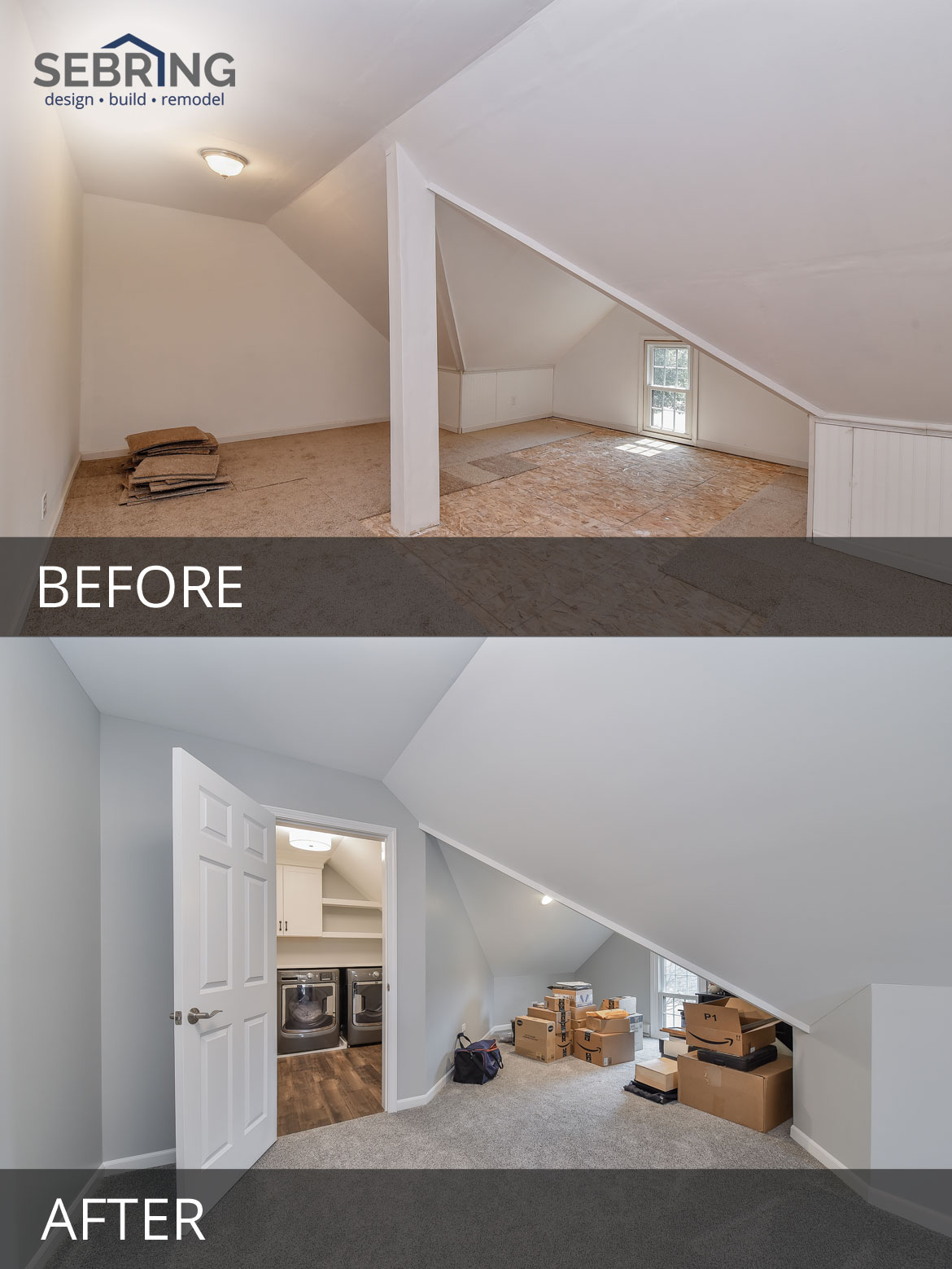 Naperville Mudroom Cubbies Laundry Room Attic Before and After Pictures- Sebring Design Build