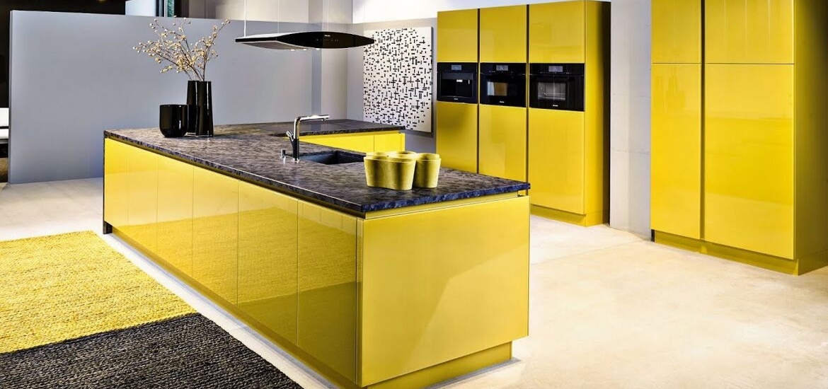 yellow kitchen wall with yellow cabinet curtains