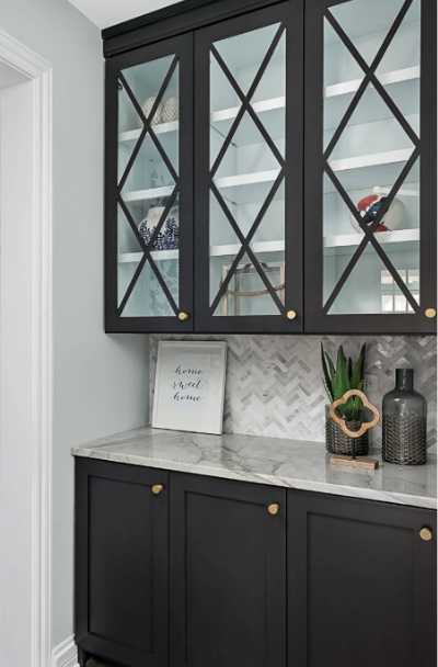 black cabinets with glass doors