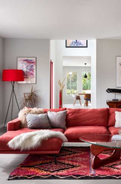 17 Red Living Room Decor Ideas, Brick Red Sofa Color