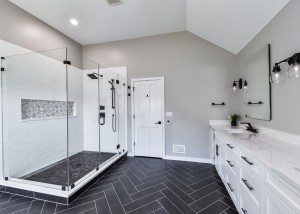 Bathroom Remodel Herringbone Floor Quartz Countertops