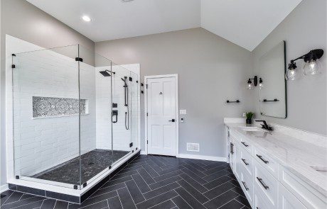 Bathroom Remodel Herringbone Floor Quartz Countertops