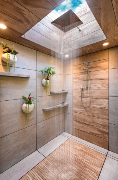 Modern Bathroom Designs - Modern Bathroom Ideas To Create A Clean Look In Home Design - The concrete flooring and exposed wooden ceiling provide amazing textures to this simplistic bathroom.