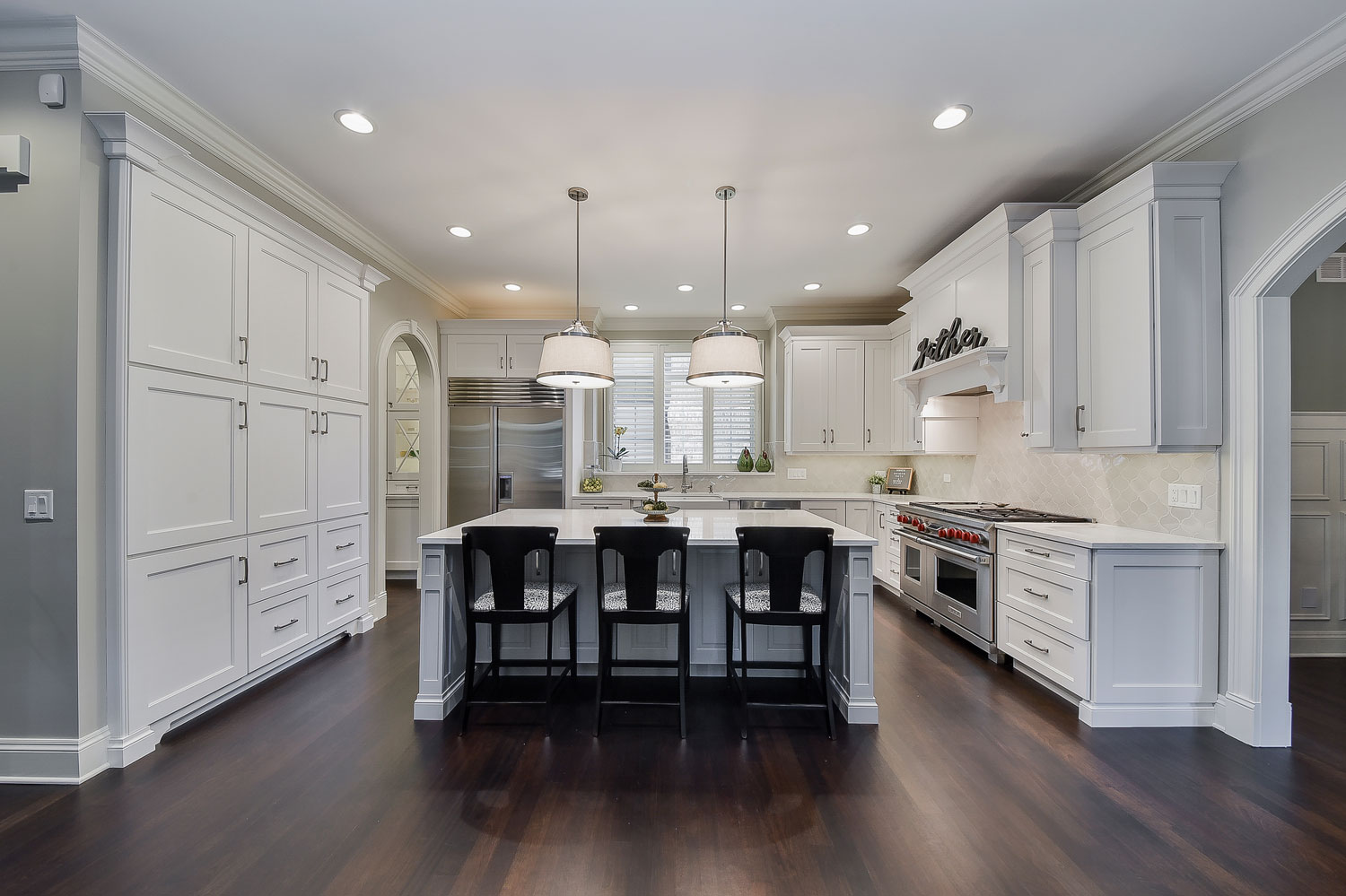 Naperville Kitchen White Cabinetry Grey Island Large Hood